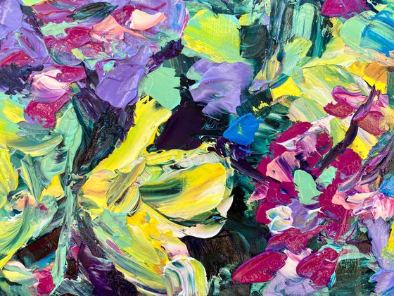 Mallow and phlox - Sunny joy, 35*45cm, impressionistic flowers oil painting in yellow and violet, purple, sunny mood