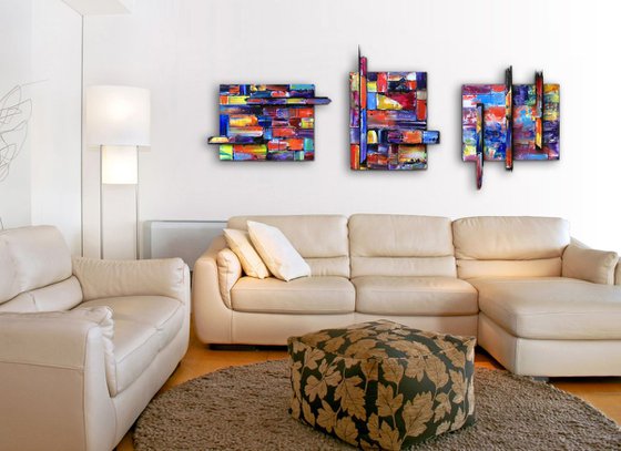 "The Pixel Variations" - FREE USA SHIPPING - Original Triptych PMS Mixed Media Sculptural Paintings On Wood, Framed -  65 x 26 inches