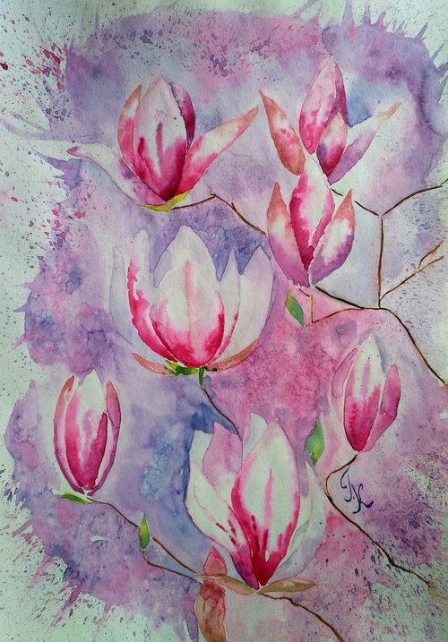 Magnolia Painting Floral Original Art Flowers Watercolor Blossom Artwork Small Wall Art 12 by 17" by Halyna Kirichenko by Halyna Kirichenko