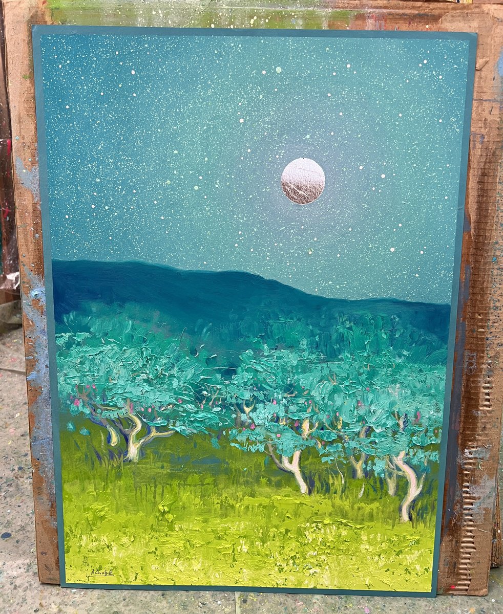 Impressionistic Landscape Oil Painting By Andrii Kovalyk, 20 X 28, Orchard Under The Full Moon, Original Artwork