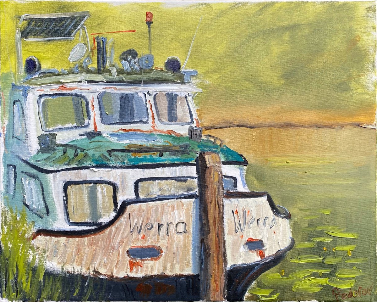 Impressionistic Landscape Oil Painting By Dmitry Fedorov, 20 X 16, Old Dutch Canal Boat, Original Artwork