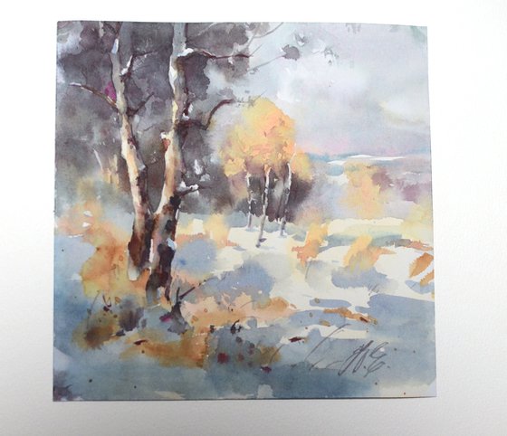 Small winter landscape in watercolor