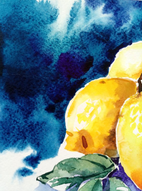 Contrasting still life "Lemons on a dark background" original watercolor artwork