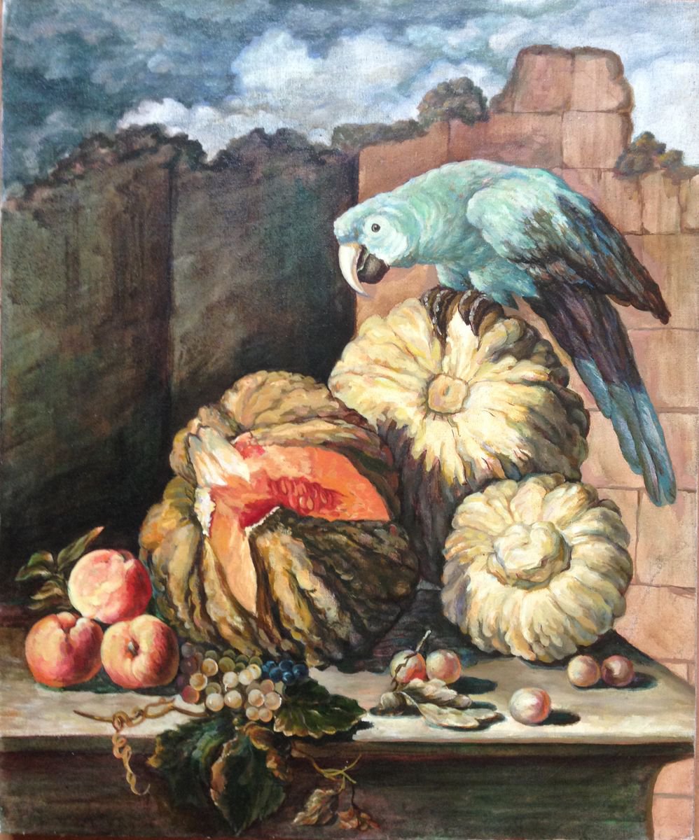 Parrot peach pumpkin pear fruit grape still life oil painting by Roman Sergienko