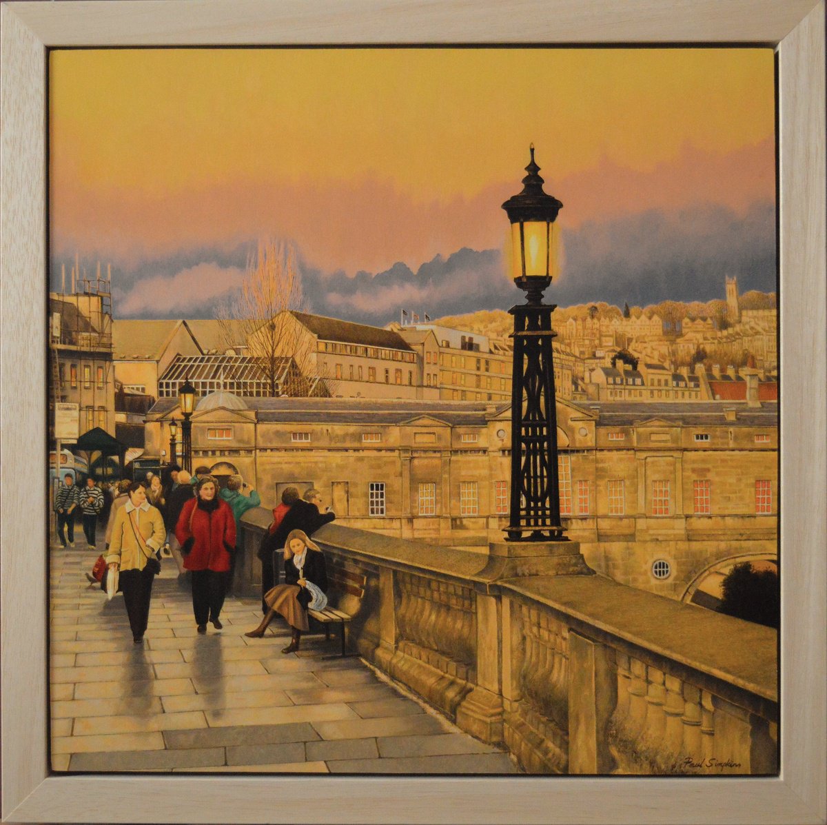 Cityscapes Oil Painting By Paul Simpkins, 18 X 18", Winter Evening Pulteney Bridge, Original Artwork