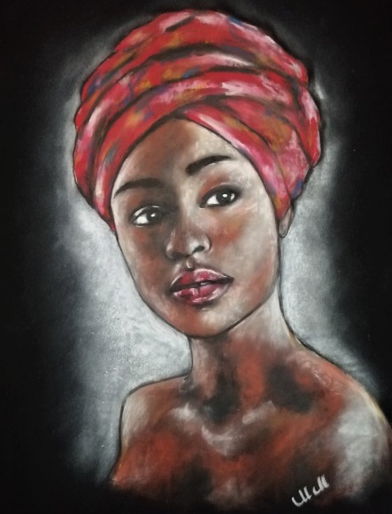 African woman with red scarf - original oil pastel portrait painting