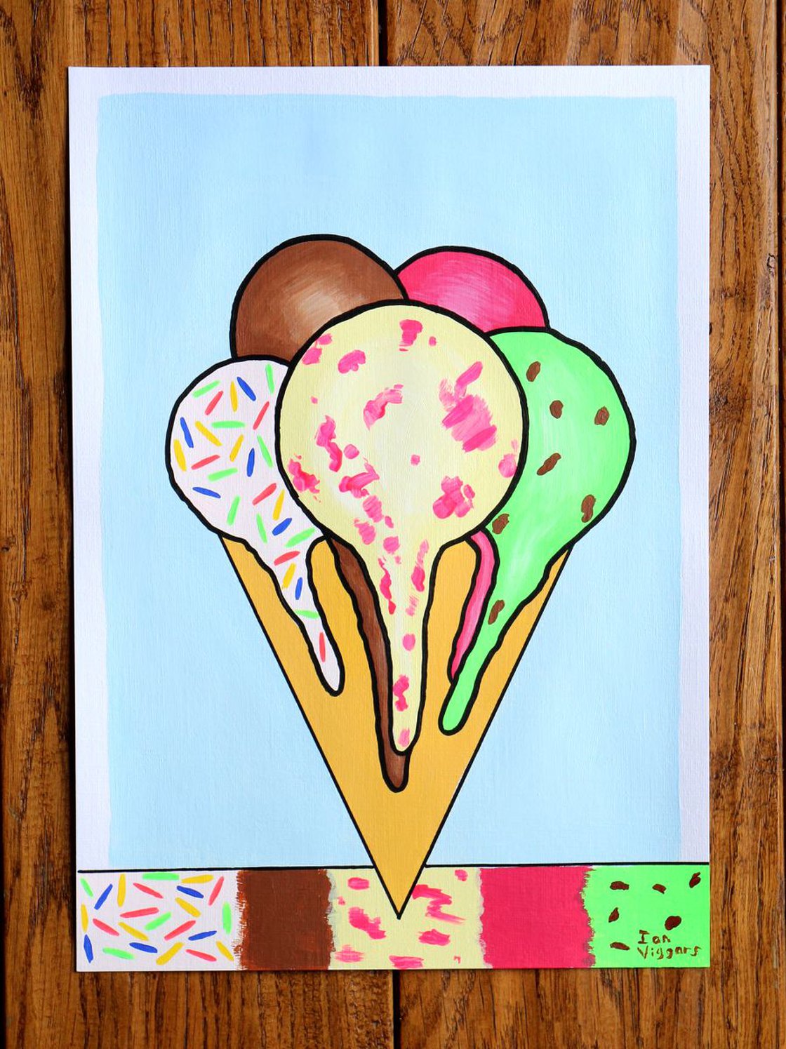 Melting Five Scoops Ice Cream Cone Pop Art Painting On A4 Paper Acrylic ...