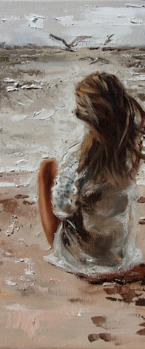 " WATCHING SEAGULLS ... " original painting SEA spring palette knife GIFT by Monika Luniak