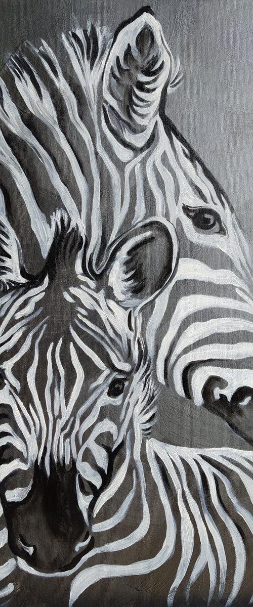 Life lines - black and white, zebras, mother's love, zebras oil painting, mom and baby, baby oil painting, childhood, mom's love by Anastasia Kozorez
