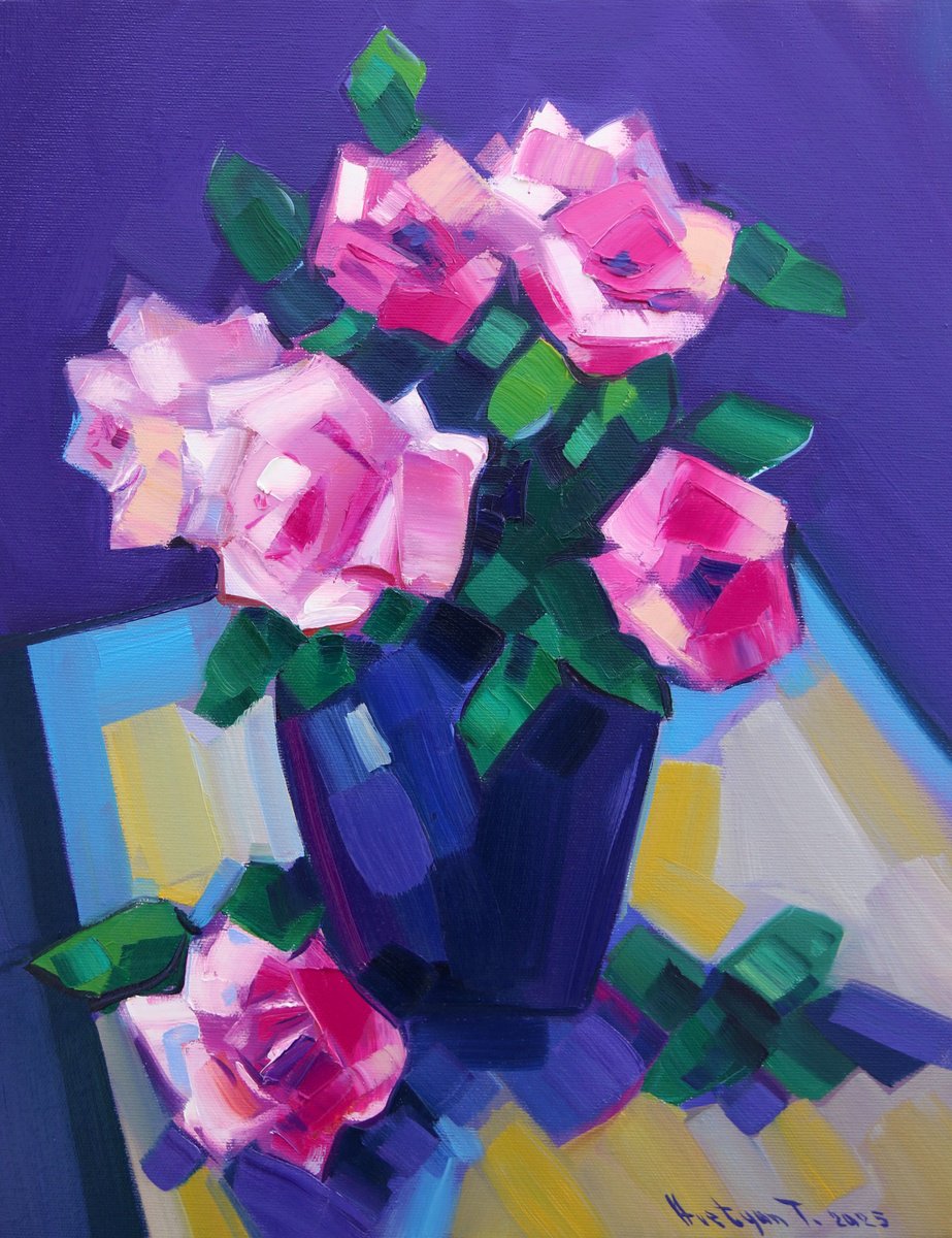 Expressive Botanical Oil Painting By Tigran Avetyan, 14 X 18", Roses, Original Artwork