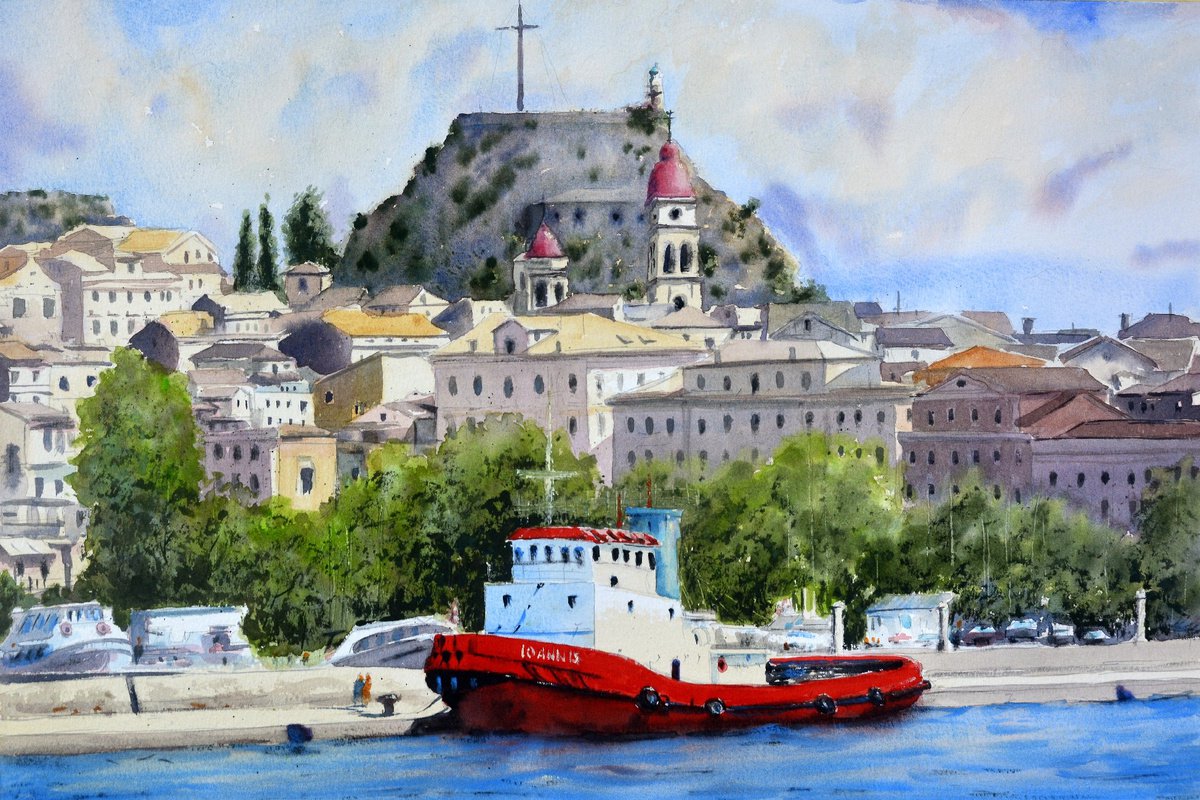 Big red tug-boat Kerkyra Corfu Greece 53x35cm 2020 by Nenad Koji? watercolorist