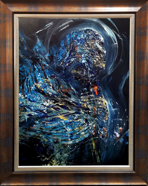 Framed Enigmatic Abstract Dark Blue Angel Series Painting By KLOSKA