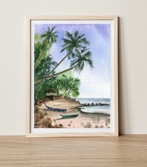 Hawaiian coast boats,  ocean original watercolor, rest and relaxing painting, blue sea wall artwork, medium size, gift for sea lovers
