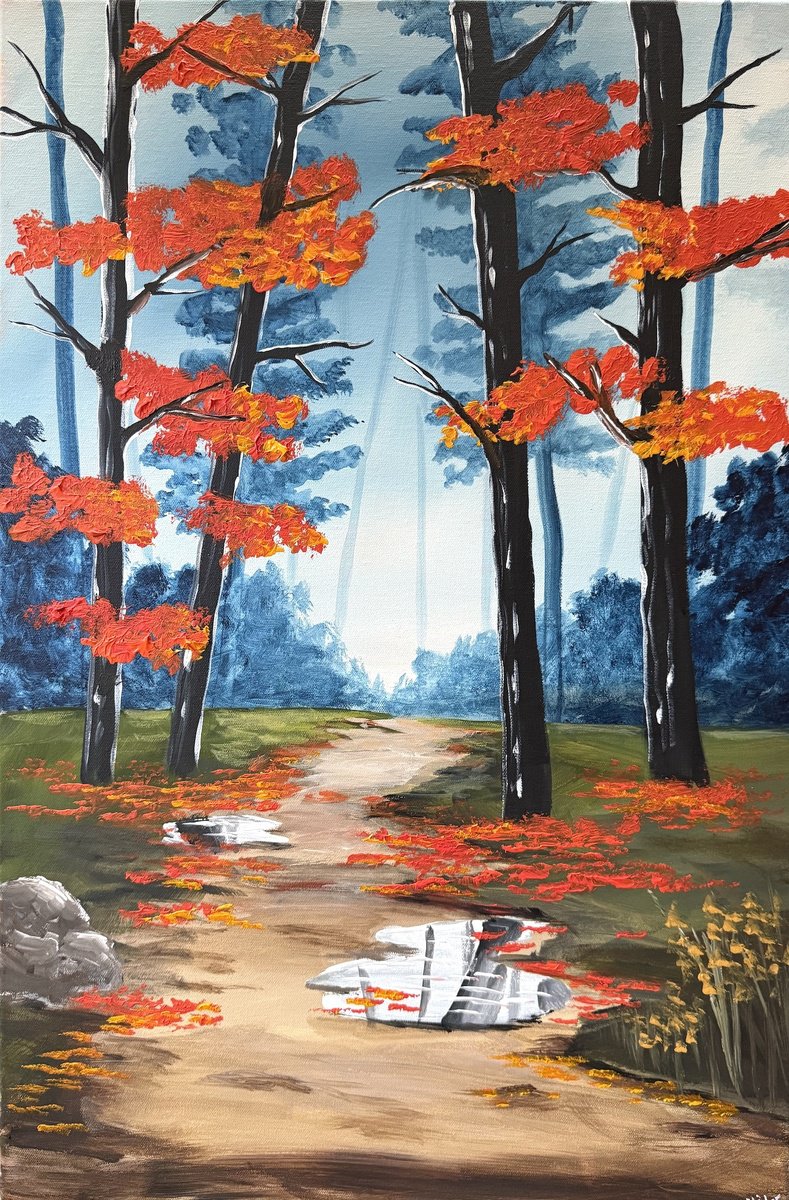 Impressionistic Landscape Acrylic Painting By Aisha Haider, 20 X 30, Misty Autumn Woods, Original Artwork