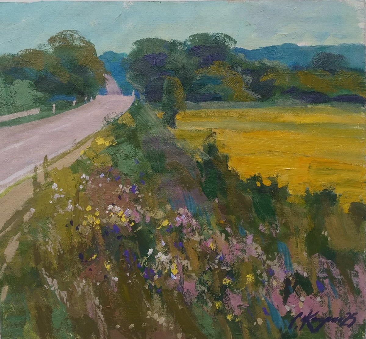 Impressionistic Landscape Acrylic Painting By Sergey Kachin, 22 X 21", By The Road, Original Artwork