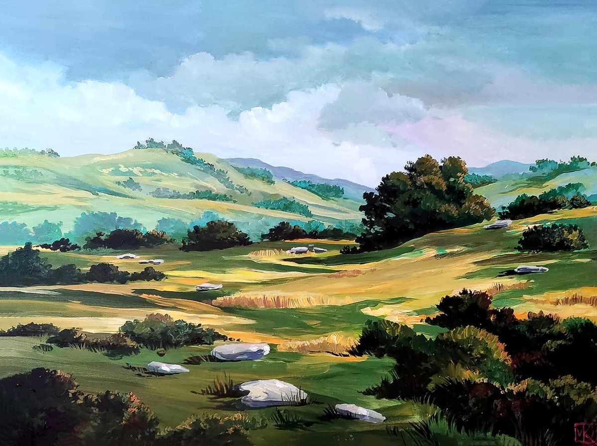 Impressionistic Landscape Acrylic Painting By Maria Kireev, 31 X 24", Green Valley View, Original Artwork