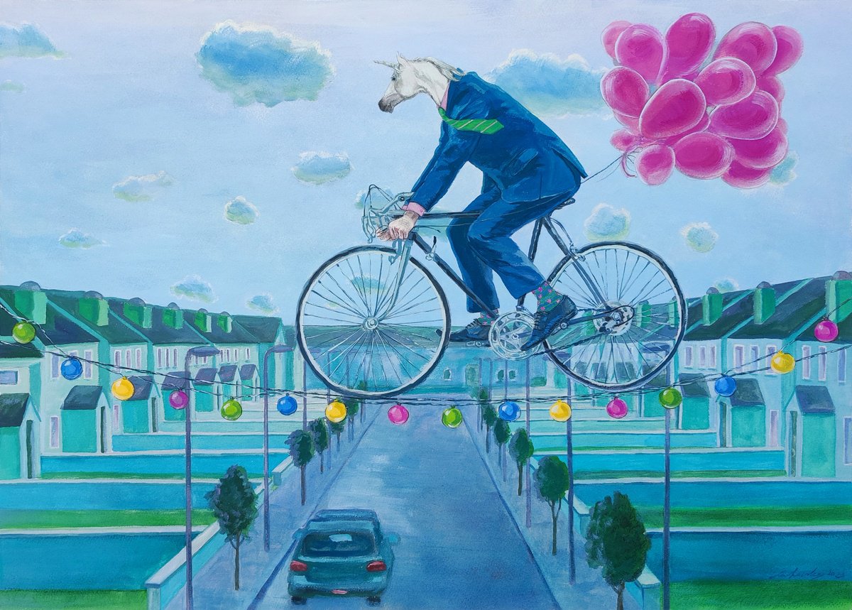 Surrealistic Portrait Painting By Natalie Levkovska, 28 X 20", Cycling Above A Sleepy Town, Original Artwork