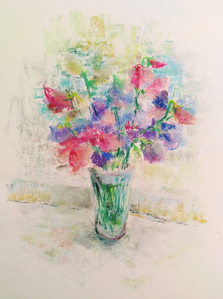 Impressionistic Still Life Pastel Drawing By Elena Klyan, 16 X 20, Sweet Pea Pastel Drawing, Original Artwork