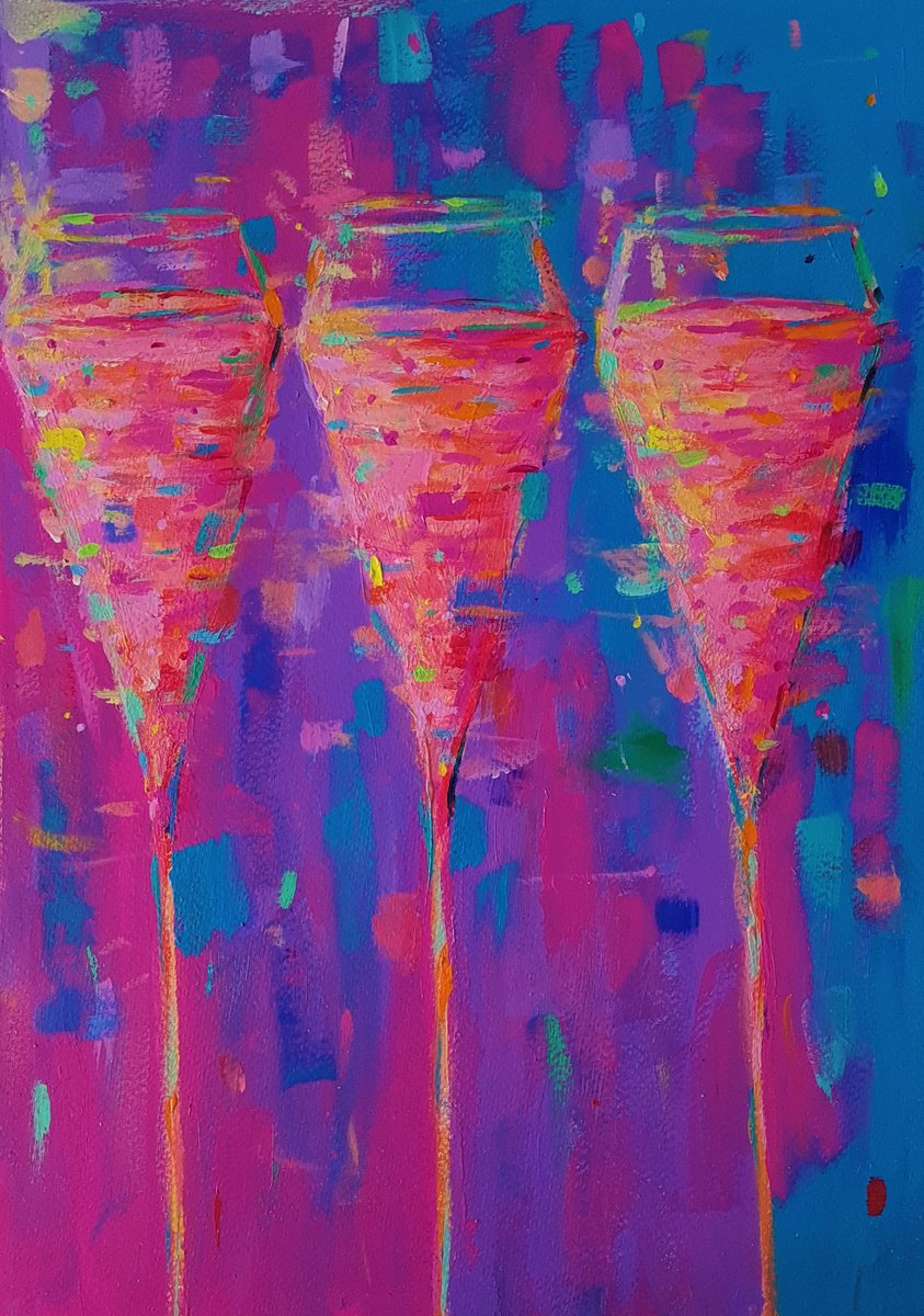 Impressionistic Still Life Acrylic Painting By Dawn Underwood, 12 X 17, Pink Champagne, Original Artwork