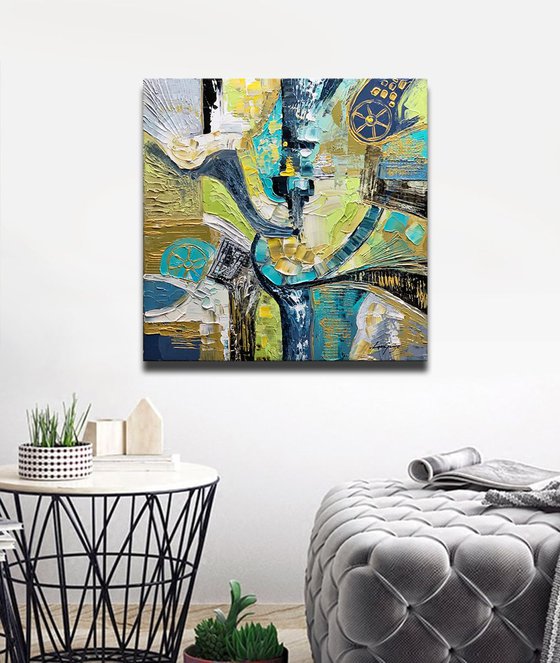 Abstract Painting, Spring Colors, Teal Green Gold, ORIGINAL Textured Modern Textured Palette Knife