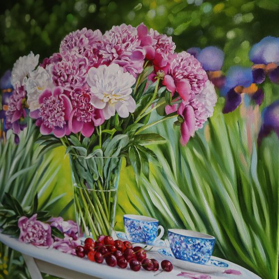 Peonies and Cherries in the Garden