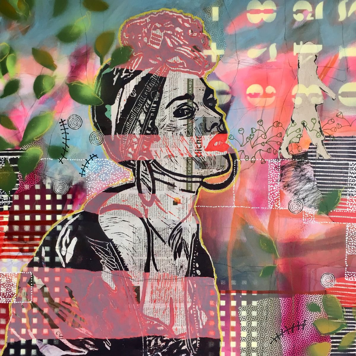 Urban And Pop Portrait Painting By Marita Tobner, 31 X 31", Freedom Is Elsewhere, Original Artwork