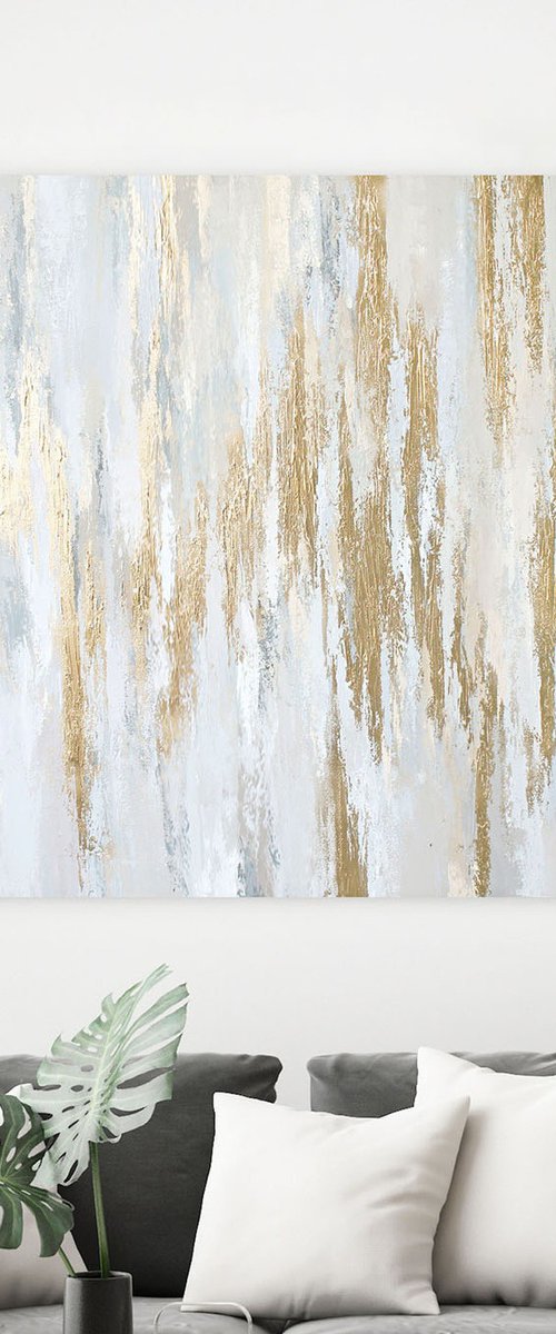"Cascade" Acrylic abstract white and gold art by Yana Sagan