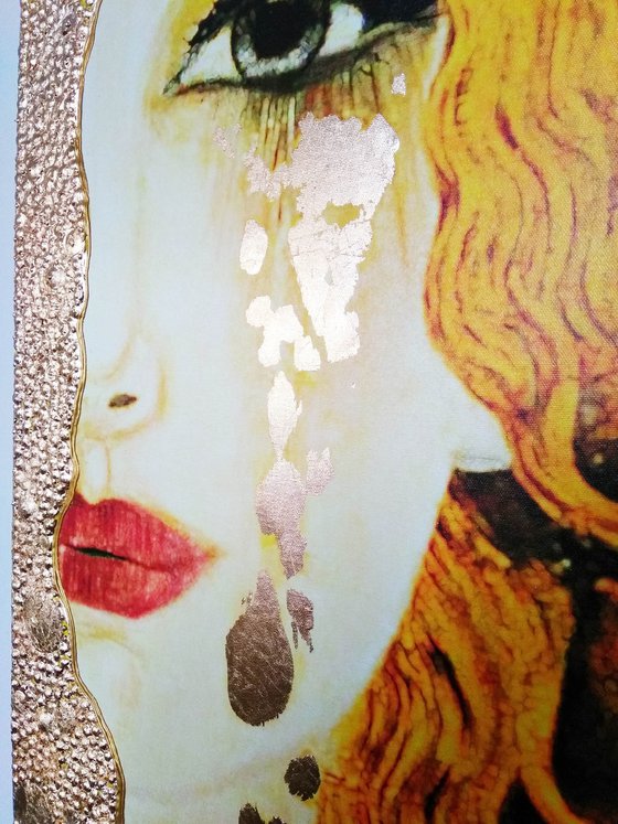 Golden Tears - original woman face art, fine art female portrait, mixed media painting