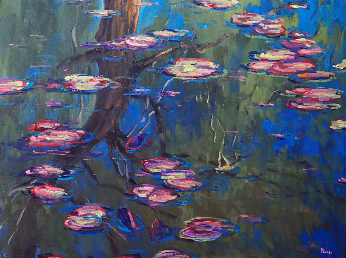 Impressionistic Landscape Oil Painting By Yuanyuan Liu, 31 X 24", Lotus Leaves, Original Artwork