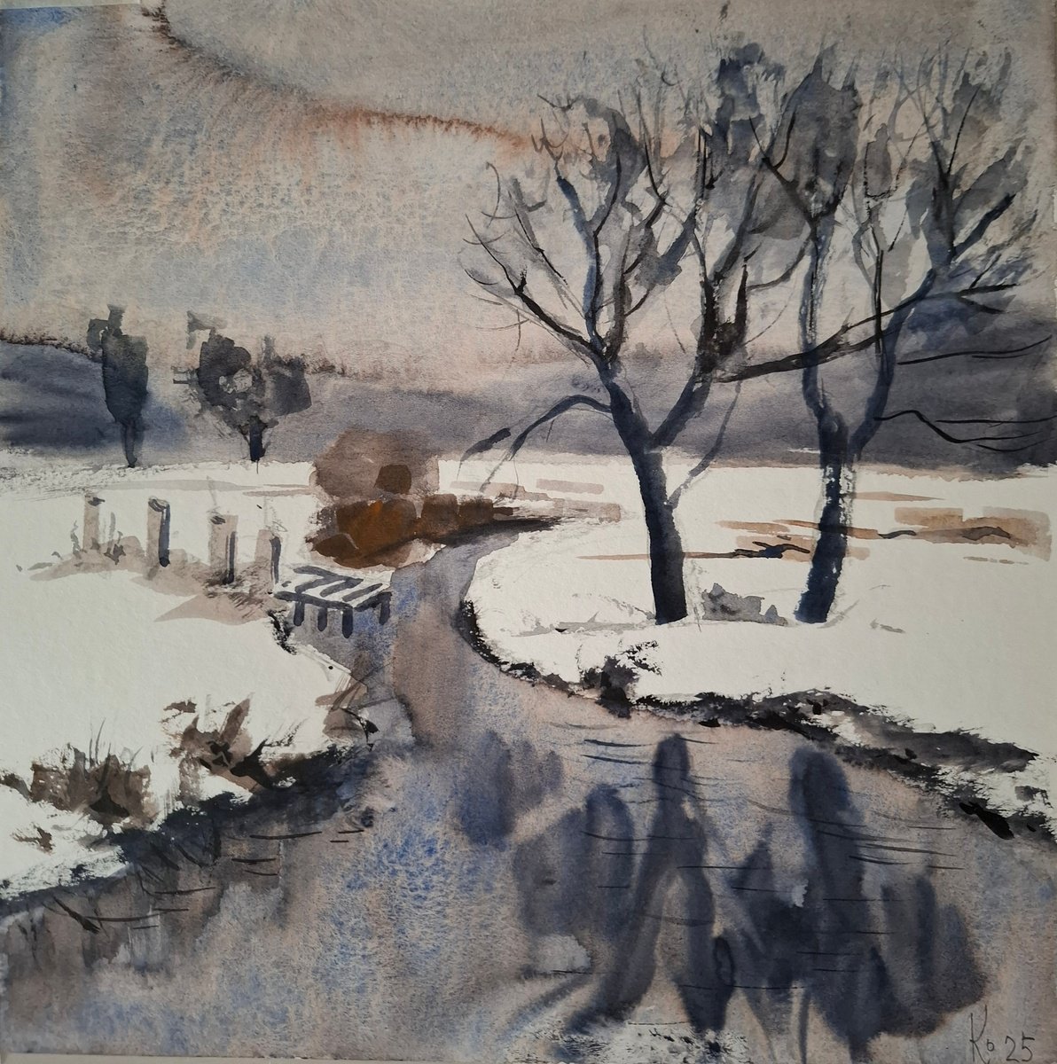 Graphic Landscape Watercolour By Olena Kolotova, 10 X 10", Winter Landscape "Snowy", Original Artwork