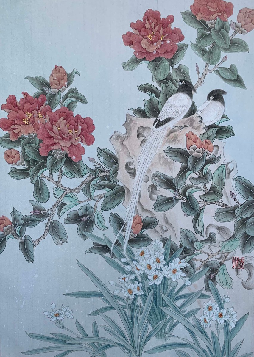 Zen In The Blossoms, Original Gongbi Brush Painting by Fiona Sheng