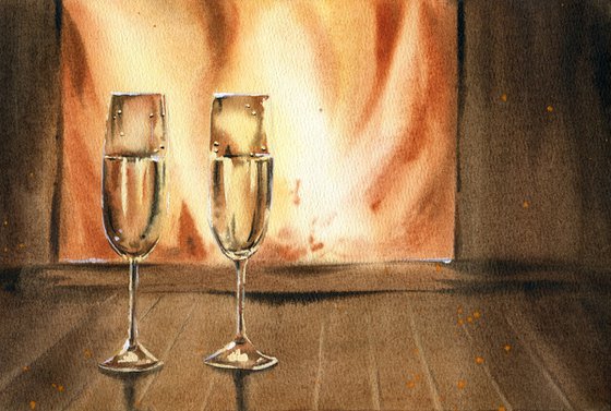 Cozy evening by the fireplace. Two glasses of champagne by the fireplace. Original watercolor artwork.