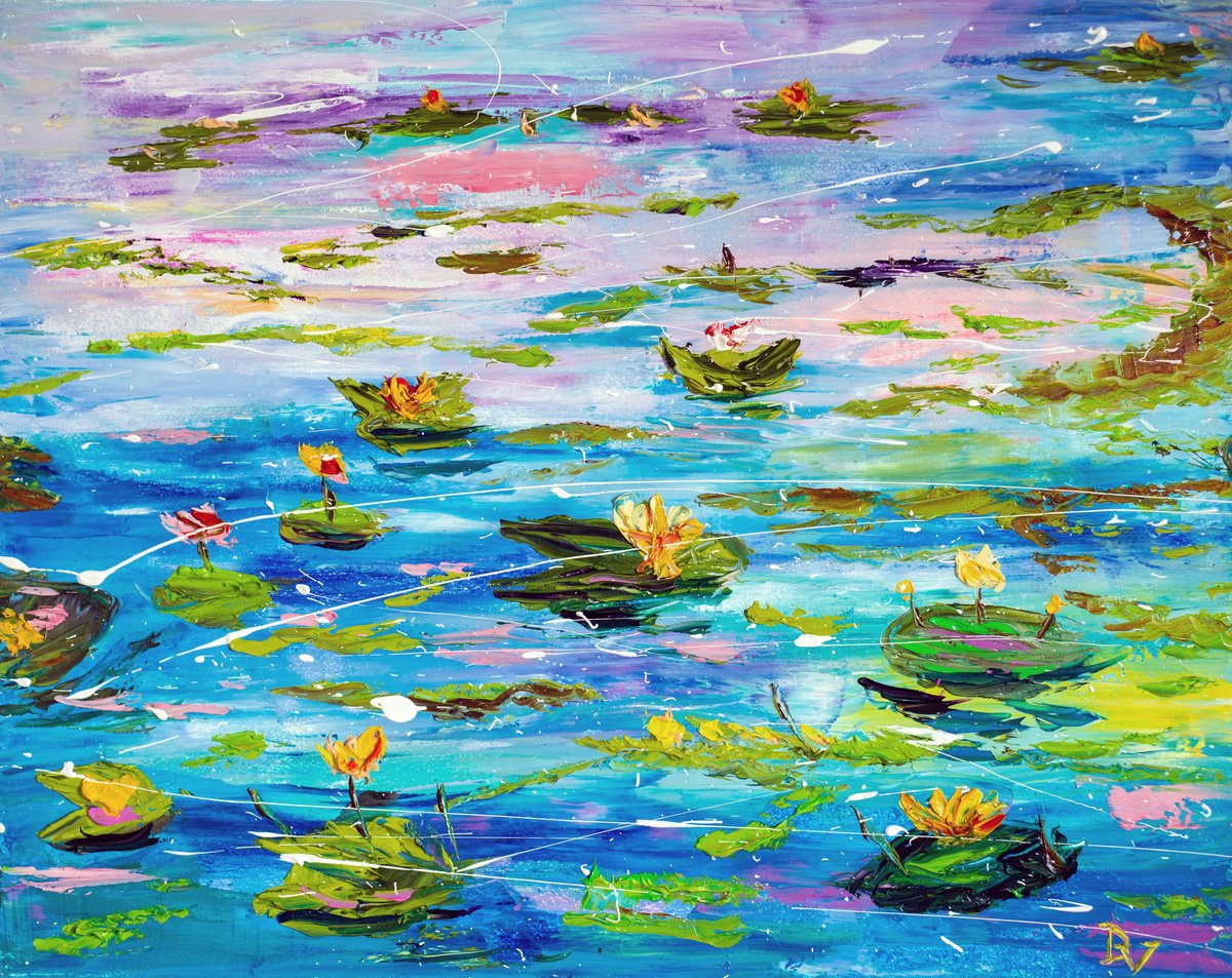 Impressionistic Landscape Oil Painting By Vladyslav Durniev, 20 X 16", Pond In The Morning, Original Artwork