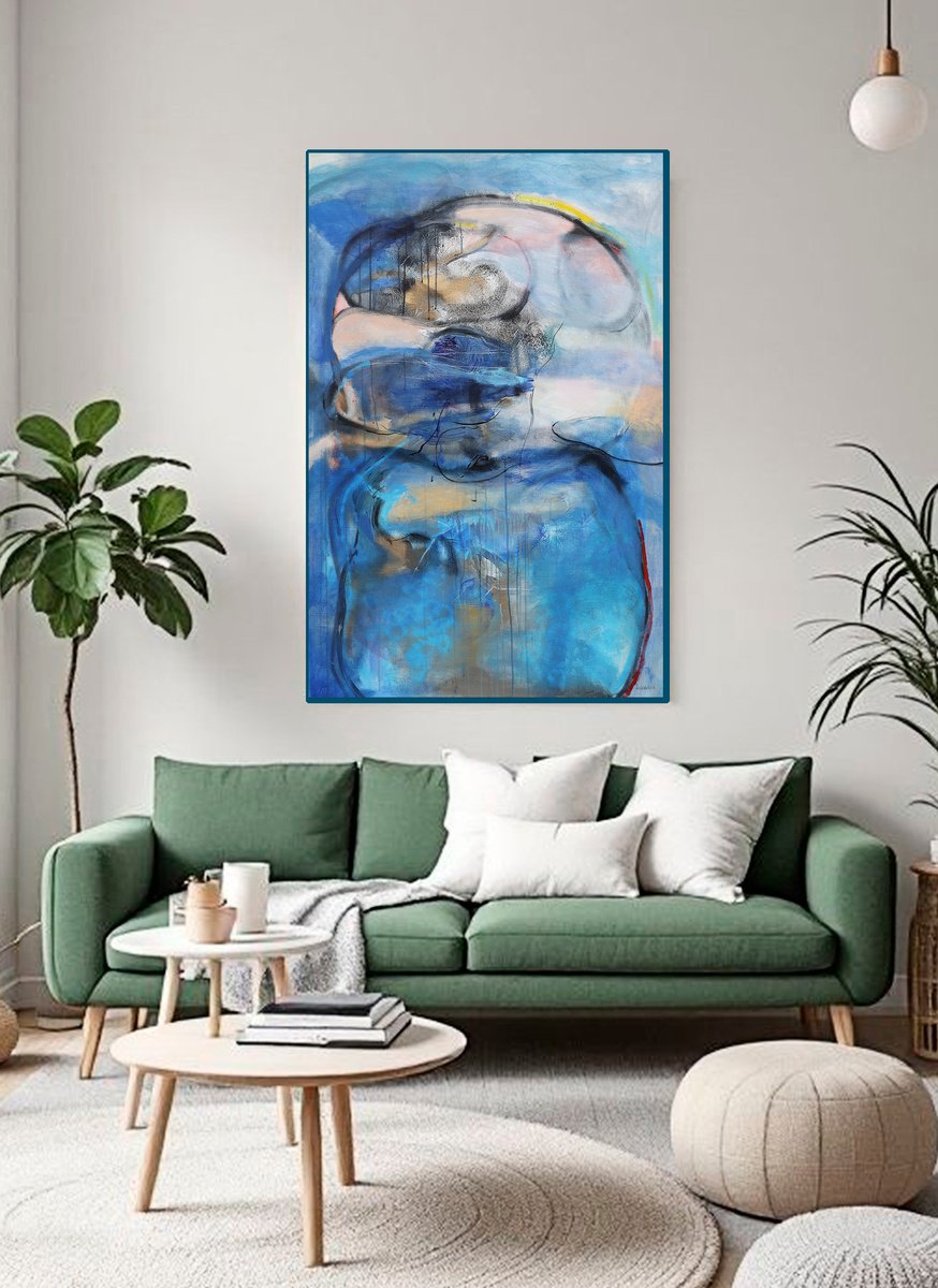 Organic Abstract Acrylic Painting By Artem Andreichuk, 35 X 55, Landscape With Blue And Black, Original Artwork