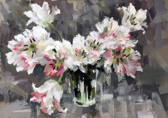 white spring tulips. One of a kind, original painting, handmade work, gift.