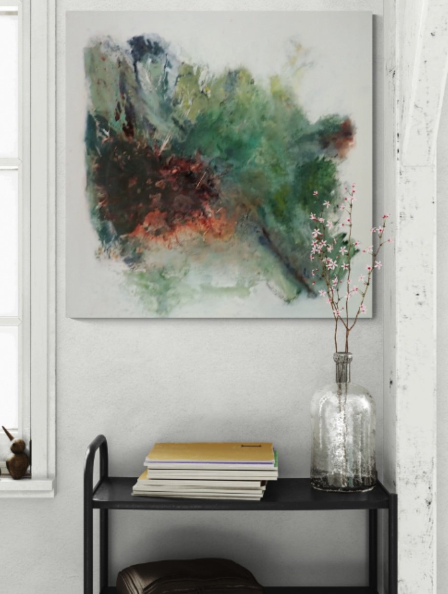 Abstract Acrylic Painting By Christa Haack, 31 X 31, Green Magic Of Power 7, Original Artwork