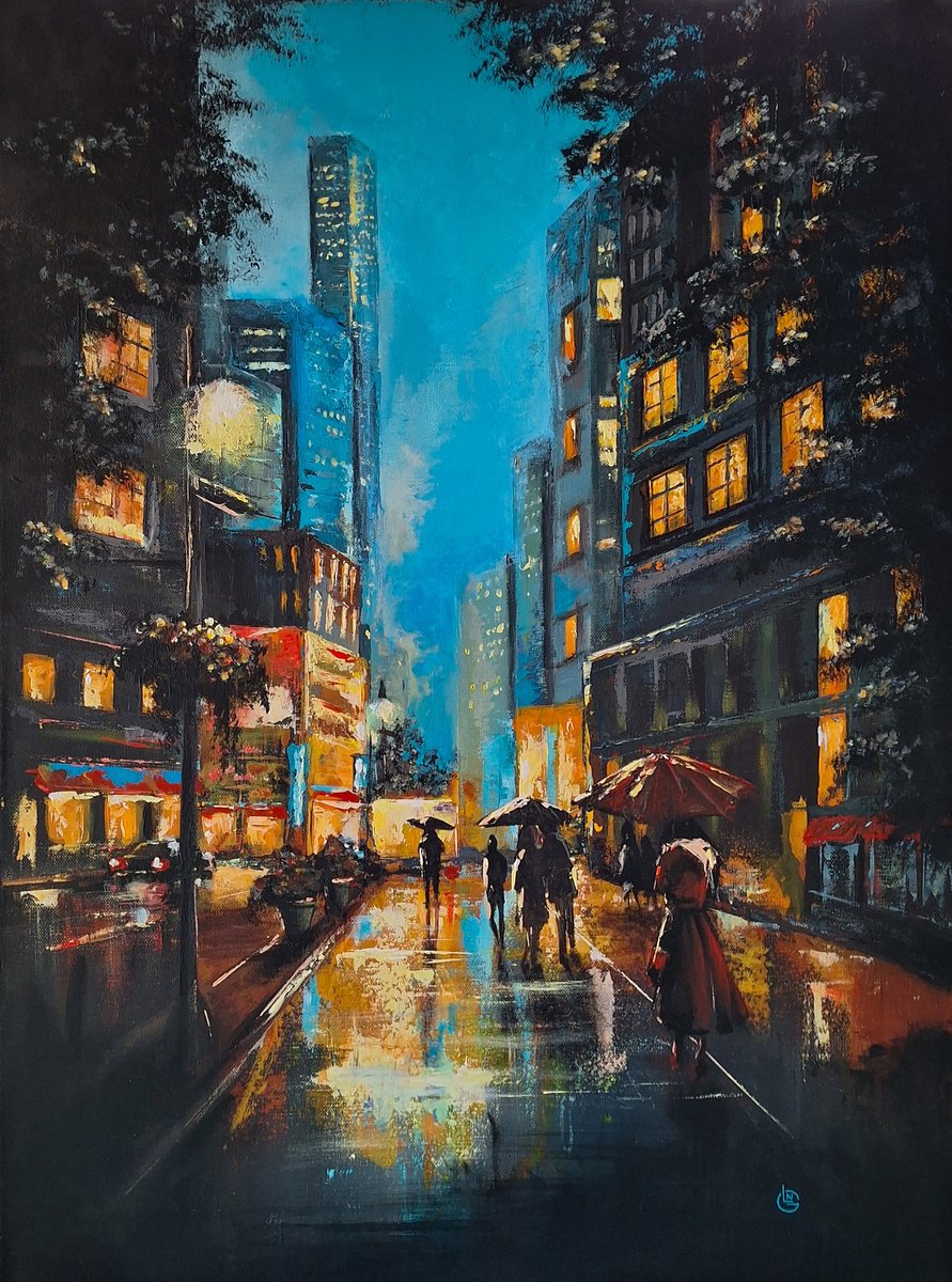 Urban And Pop Cityscapes Acrylic Painting By Natalia Langenberg, 24 X 31", City Rain Reflections Urban, Original Artwork