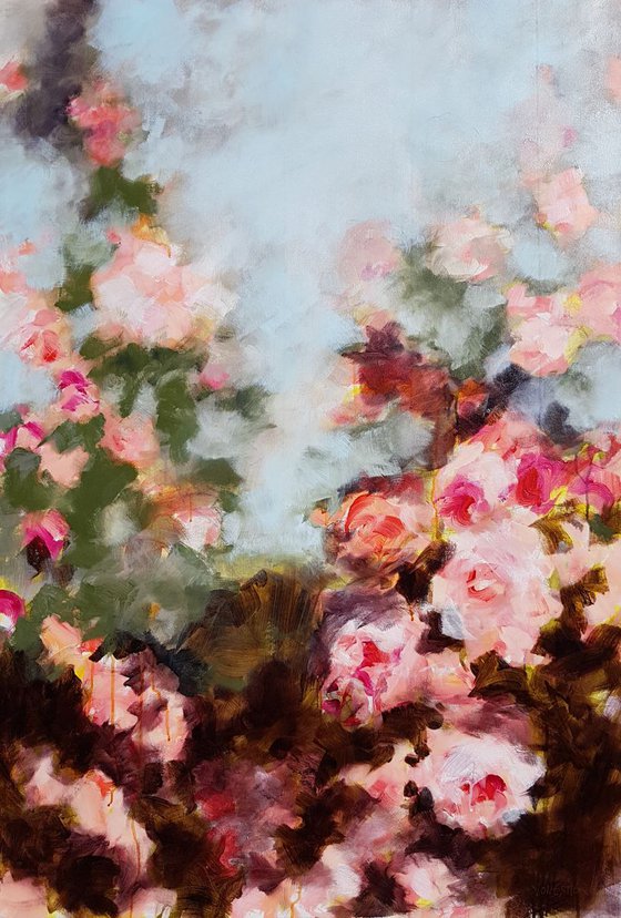 Bagatelle's garden in Paris - Roses in an impressionistic painting - modern floral - contemporary - romantic - shabby chic - LARGE SIZE