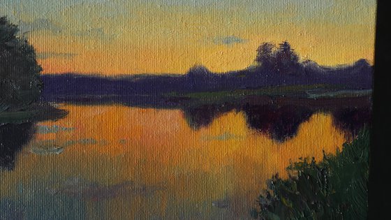 Sunset Over the Pond - original sunny landscape, painting