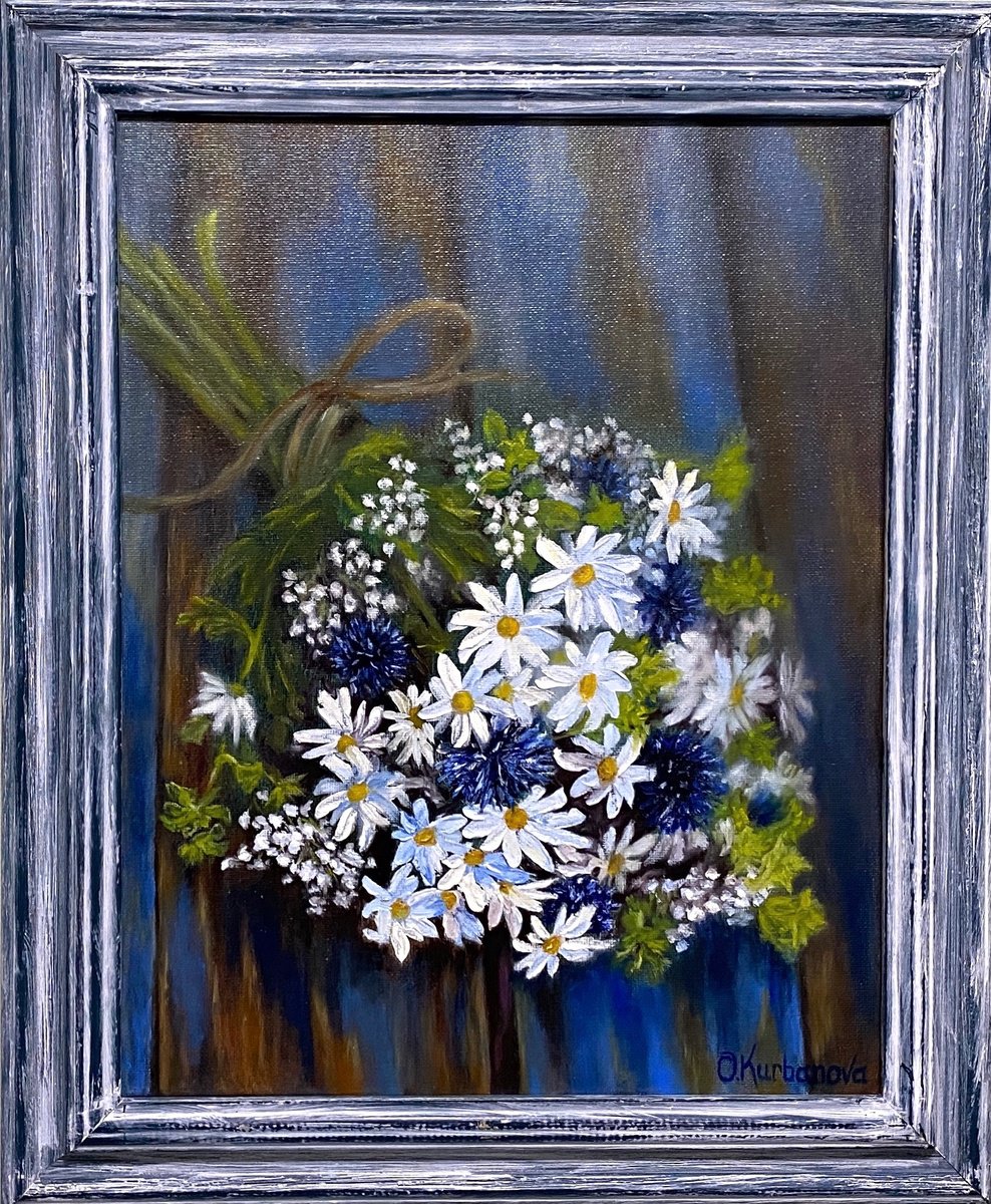 Impressionistic Botanical Oil Painting By Olga Kurbanova, 14 X 17", Bouquet Of Daisies, Original Artwork