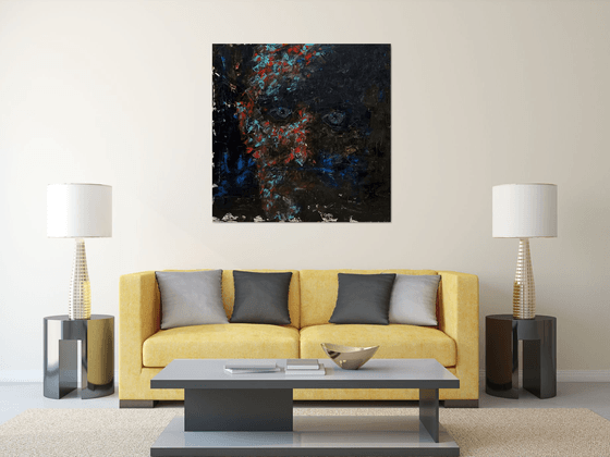 "The Binge Watcher", 48x48 inches.  Extra large abstract portrait on canvas.