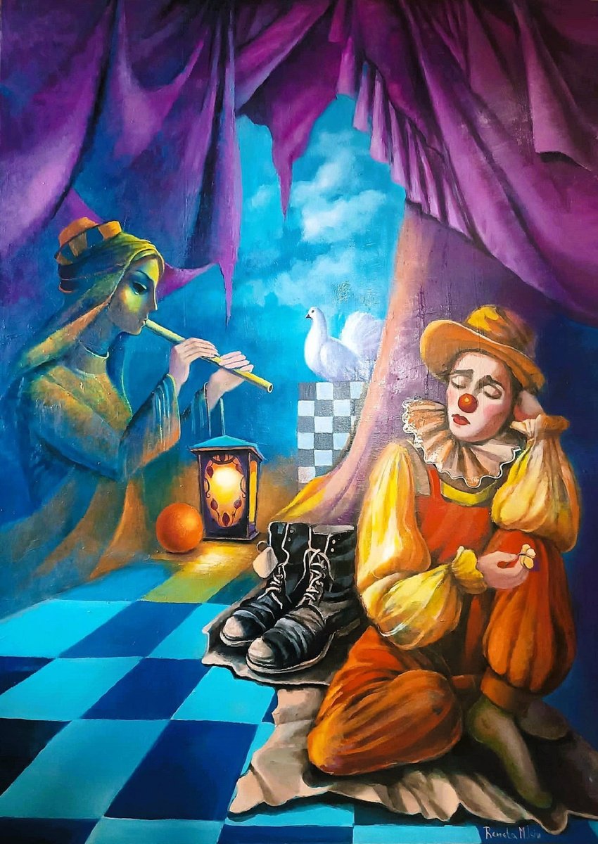 Surrealistic Portrait Oil Painting By Reneta Isin, 39 X 55", The Clown