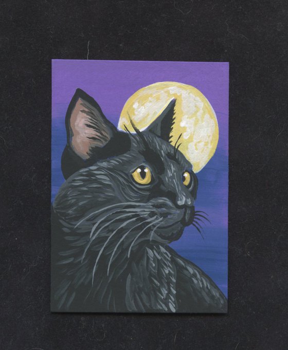 ACEO ATC Original Miniature Painting Black Kitten Pet Cat Art-Carla Smale