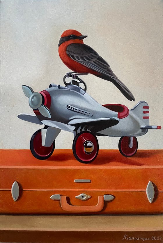 Still life with bird and plane (24x35cm, oil painting, ready to hang)