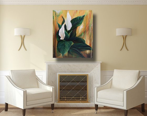 Magnetic love, oil painting, original gift, home decor, Flowering, Spring, Leaves, Living Room, leaves, many flowers, flower picture,  delicate flowers,  spathiphyllum