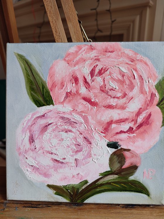 Peonies for her, small, gift, flowers, original floral oil painting