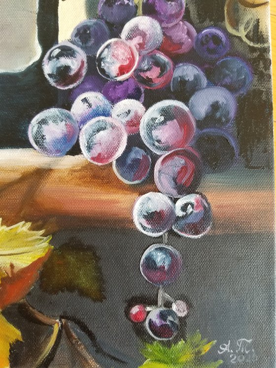 Wine, grapes, grapevine and Italian sun. Original Oil Painting on Canvas. Italian Still life. Italian Landscape Room accent. Summer painting.