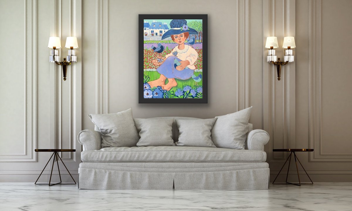 Naive Portrait Acrylic Painting By Holly Wojahn, 18 X 24, Country French, Original Artwork