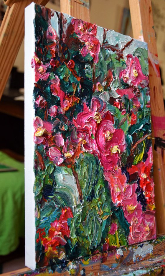 Abstract flowers impasto oil painting Spring blooming, palette knife floral home decor