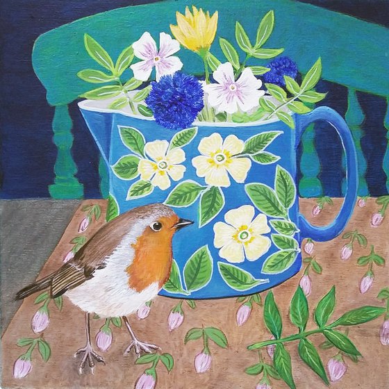 Mr Robin and the primrose jug
